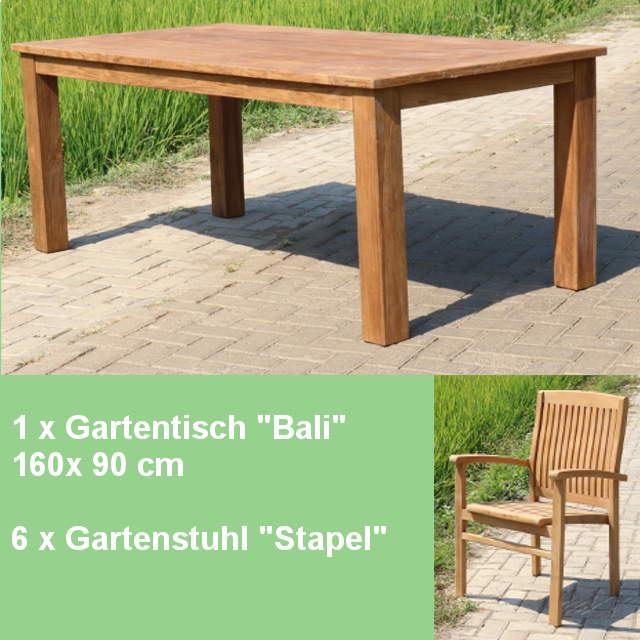 Gartenmöbel Set -  Teak Tisch 160cm und 6 Stapel Stühle