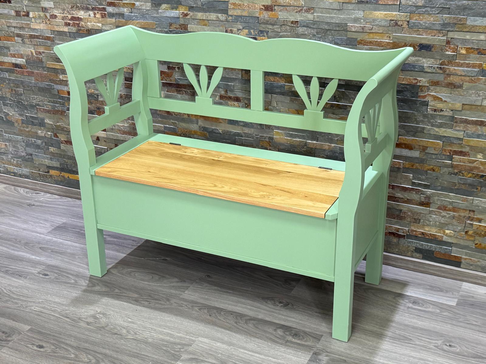 Truhenbank im Landhaus Stil 117 cm Sitzbank, Küche, Truhe -mit Eichenplatte