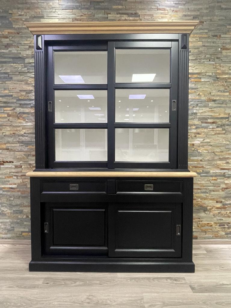 Vitrinen Schrank Vincenza 150 cm Landhaus  - Schwarz / Eiche