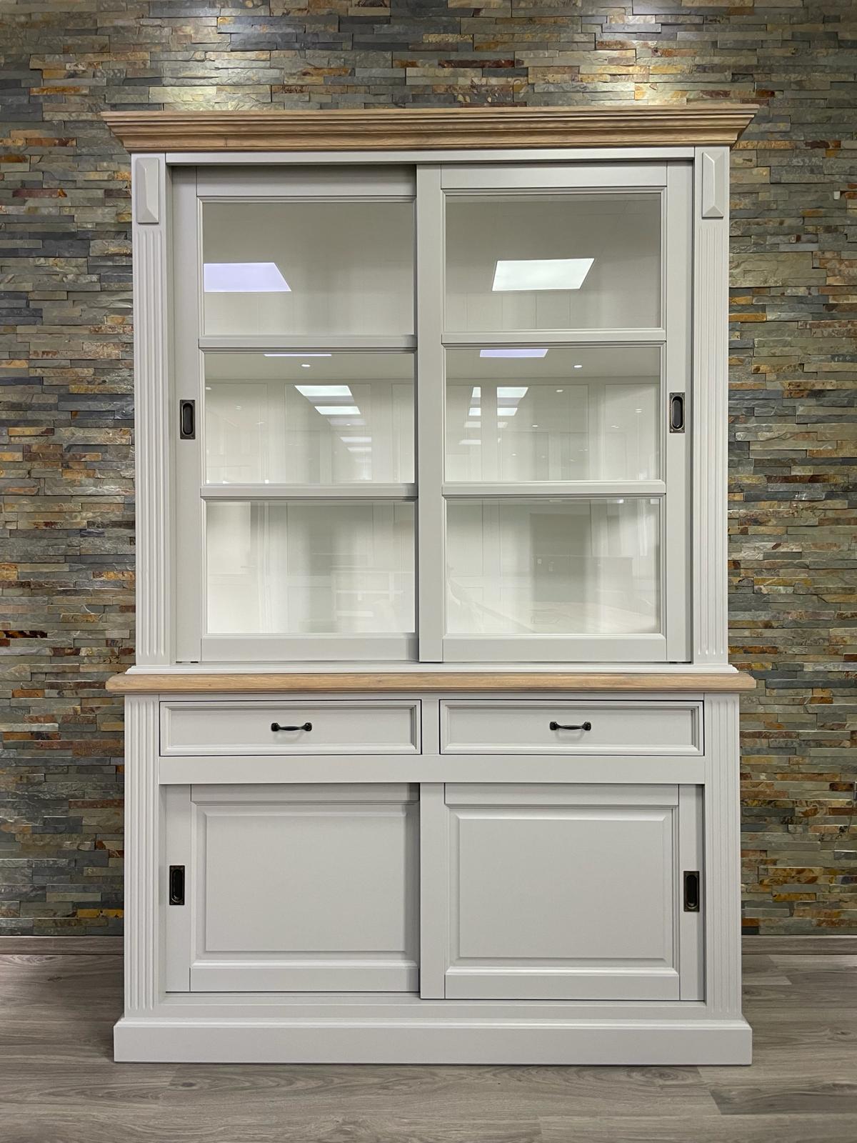 Vitrinen Schrank Vincenza im Landhausstil 150 cm - lichtgrau/eiche