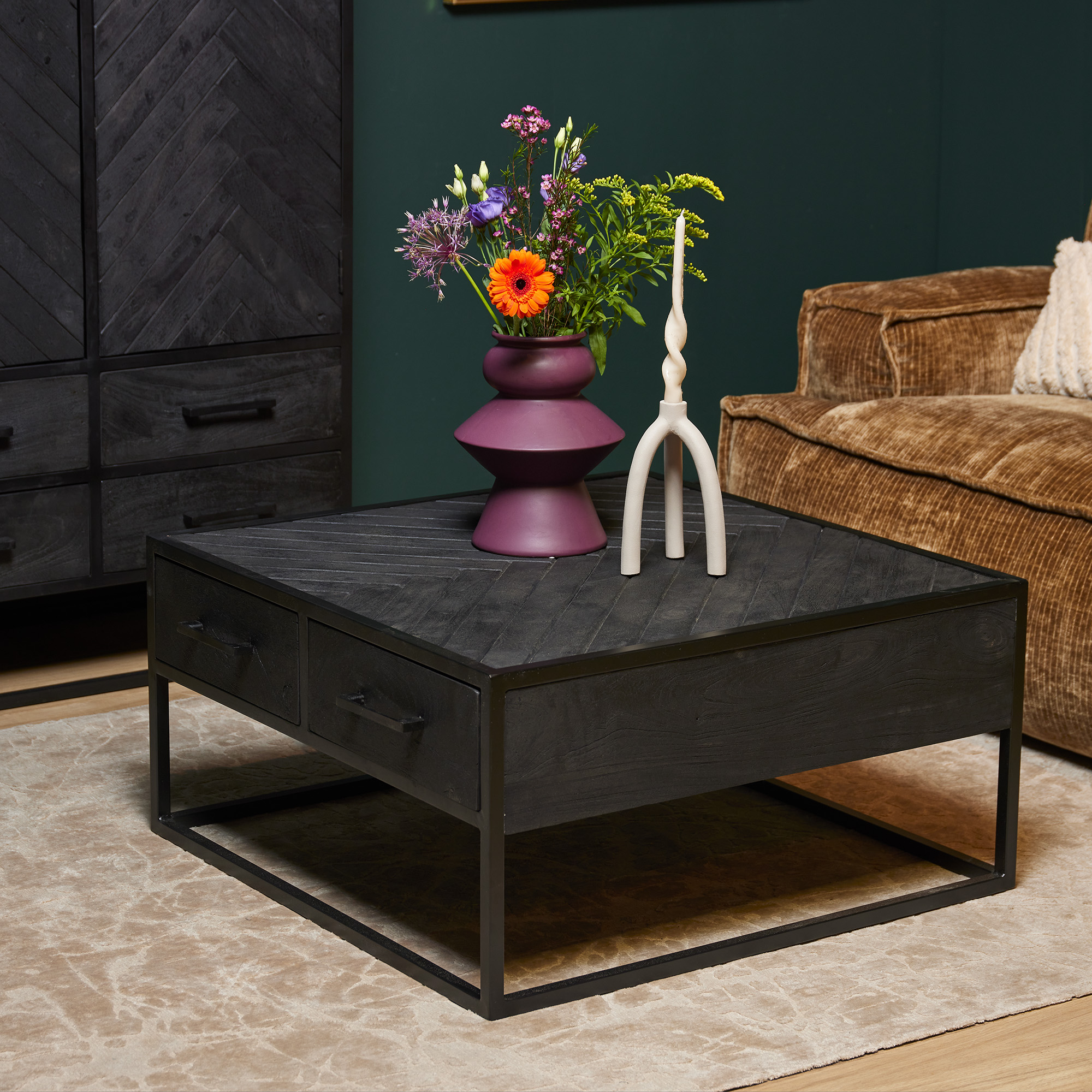 Couchtisch „New York“ quadratisch Mangoholz mit Fischgrätenmuster – 4 Schubladen