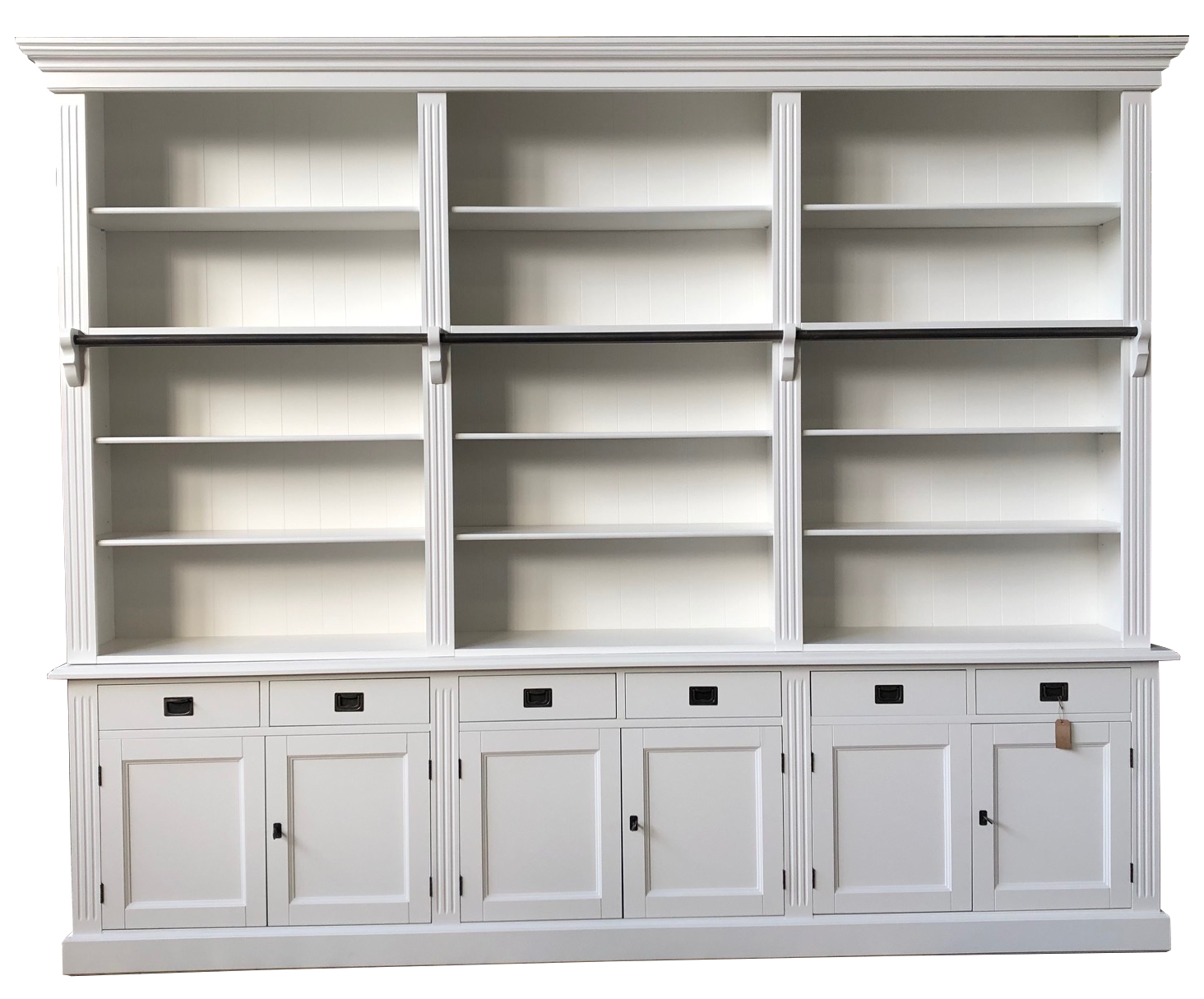 Bücherwand Bibliothek 300 cm in Weiß. Mit Leiter, Schubladen, Türen und verstellbaren Regalböden.