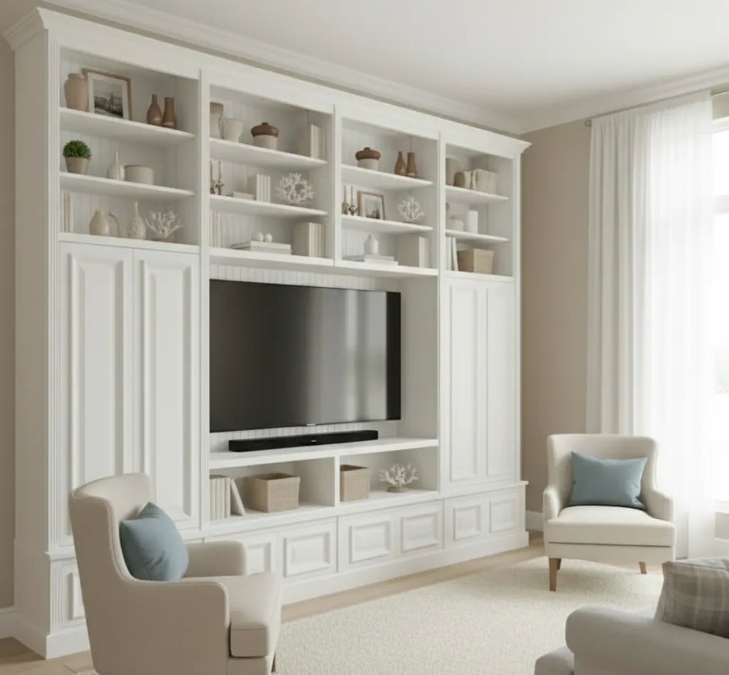 Wohnzimmerbibliothek aus Massivholz mit integriertem TV-Bereich