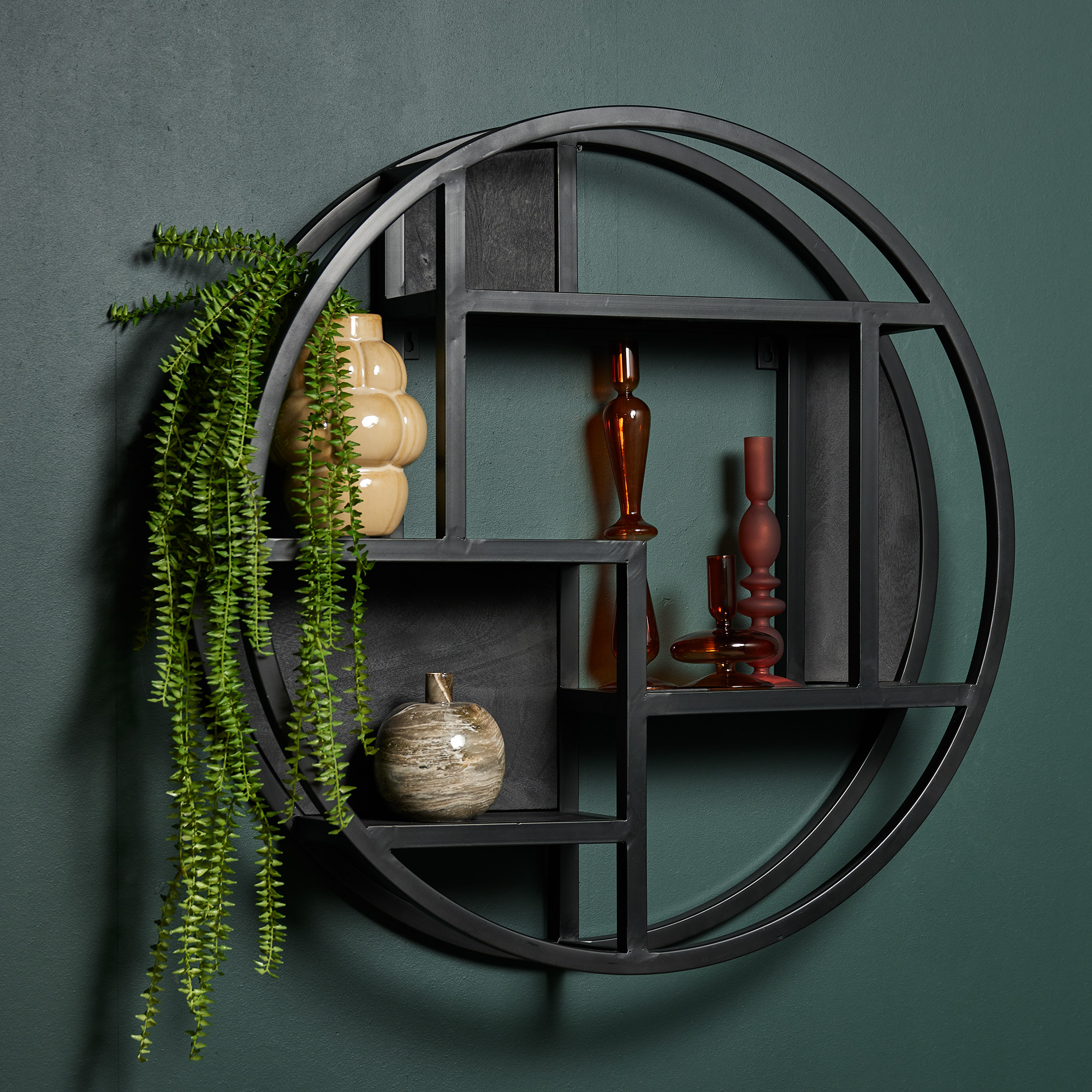 Rundes Wandregal Mangoholz massiv mit Metallrahmen – modern & schwarz