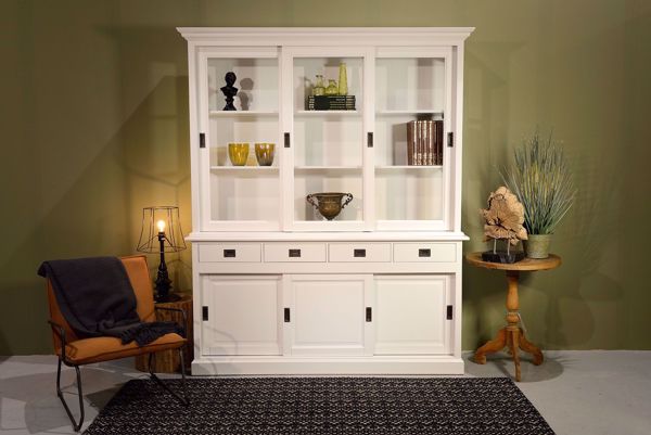 Vitrinen Schrank Sven 185 cm weiß -  Landhaus Vitrine mit Schiebetüren