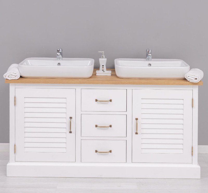 Massivholz Badezimmertisch für 2 Waschbecken mit Eichenplatte - Badmöbel
