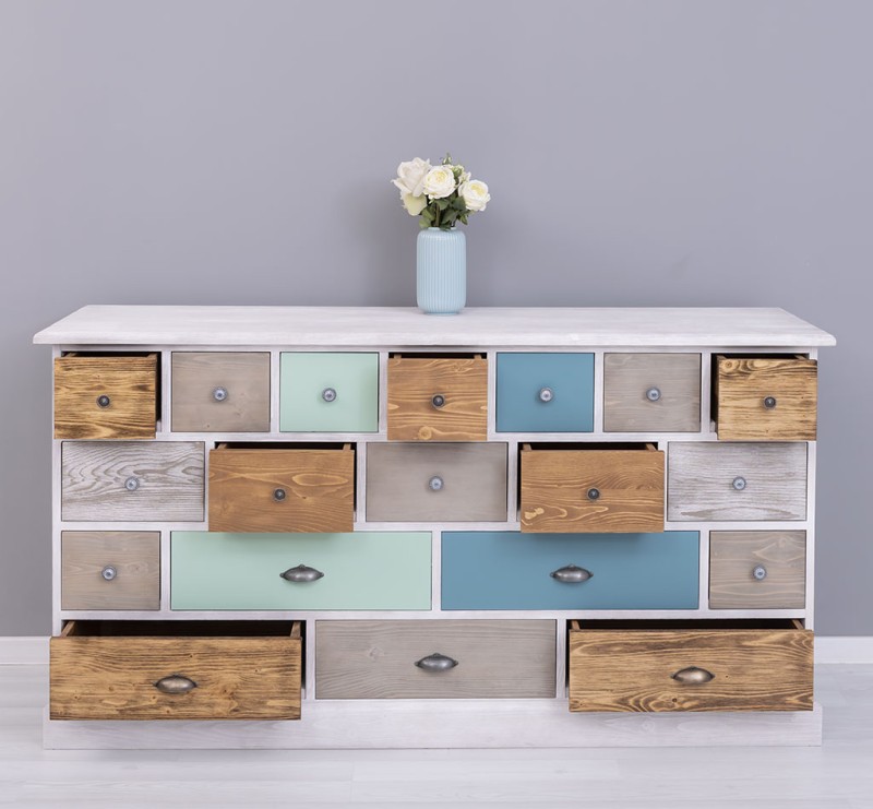 Apothekerschrank mehrfarbig –180 cm breit, 19 Schubladen Kommode Landhaus