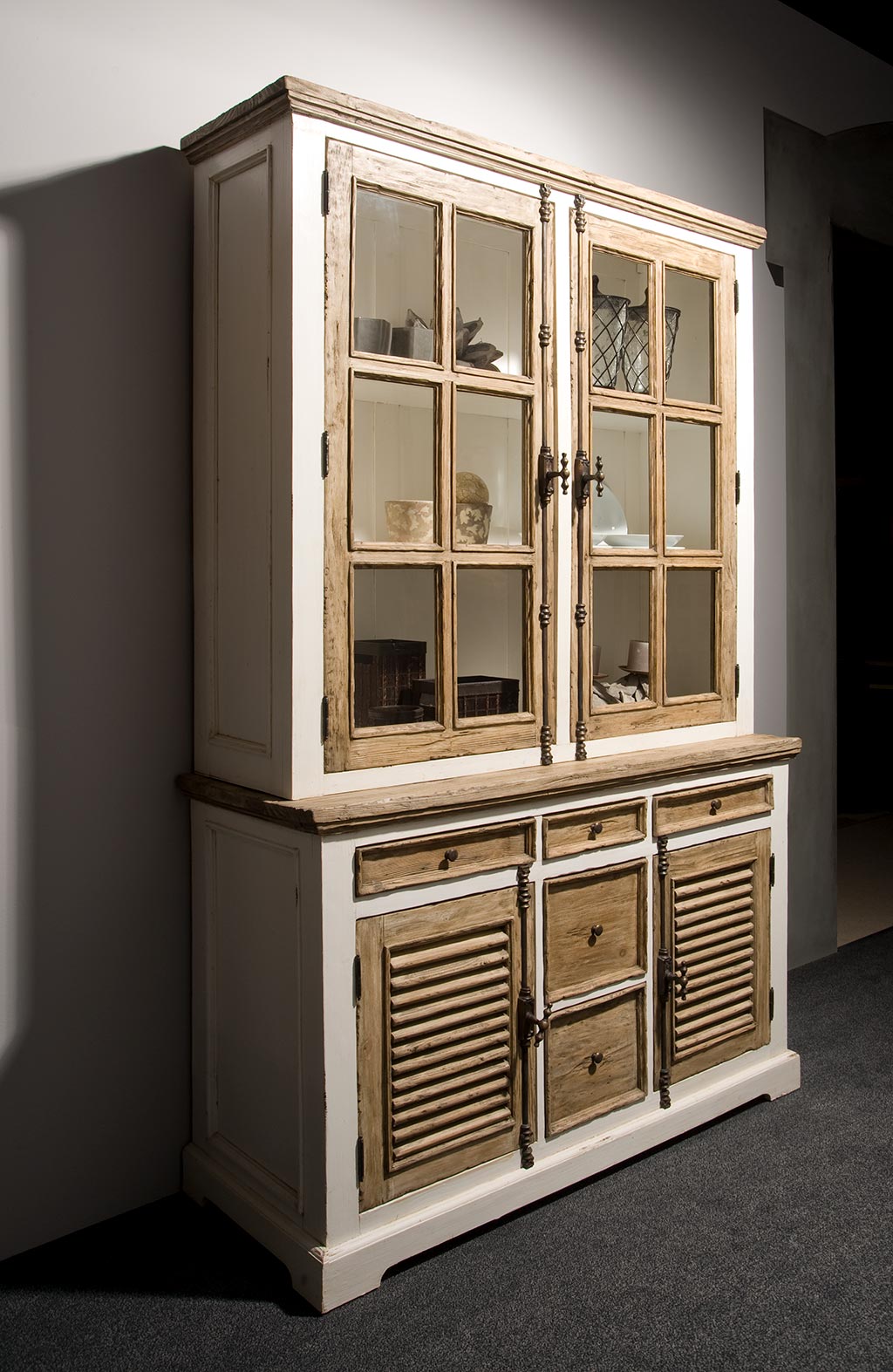 Amanda Vitrinen Schrank 140 cm mit 2 Glastüren 5 Schubladen