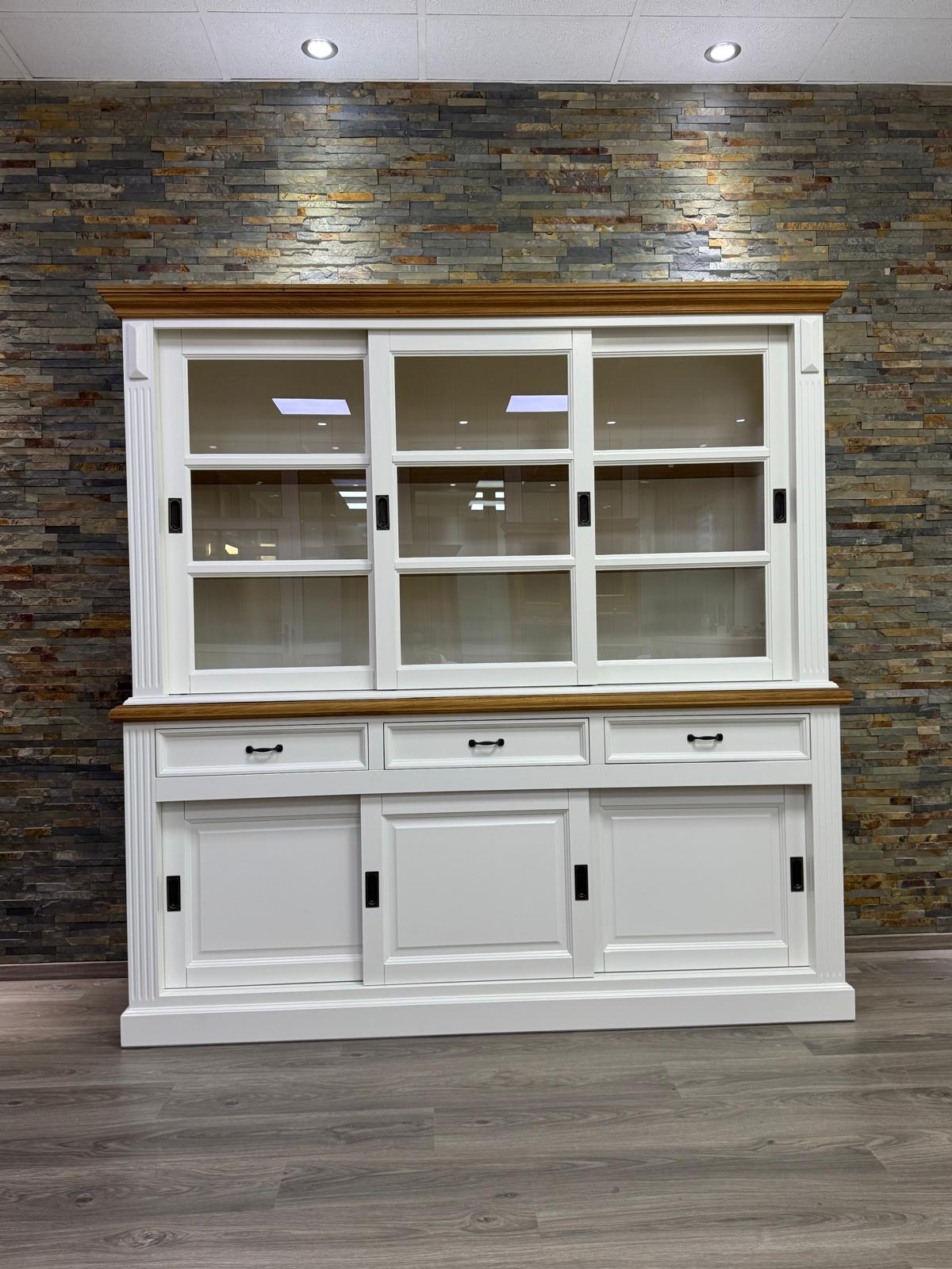 Vitrinen Schrank Sondermass  Vincenza 200 cm hoch Landhaus Vitrine weiß/eiche