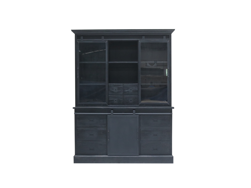 Vitrinen Schrank Roda 190 Teakholz Massiv  Schwarz - Buffet Schrank Teak mit Eisen