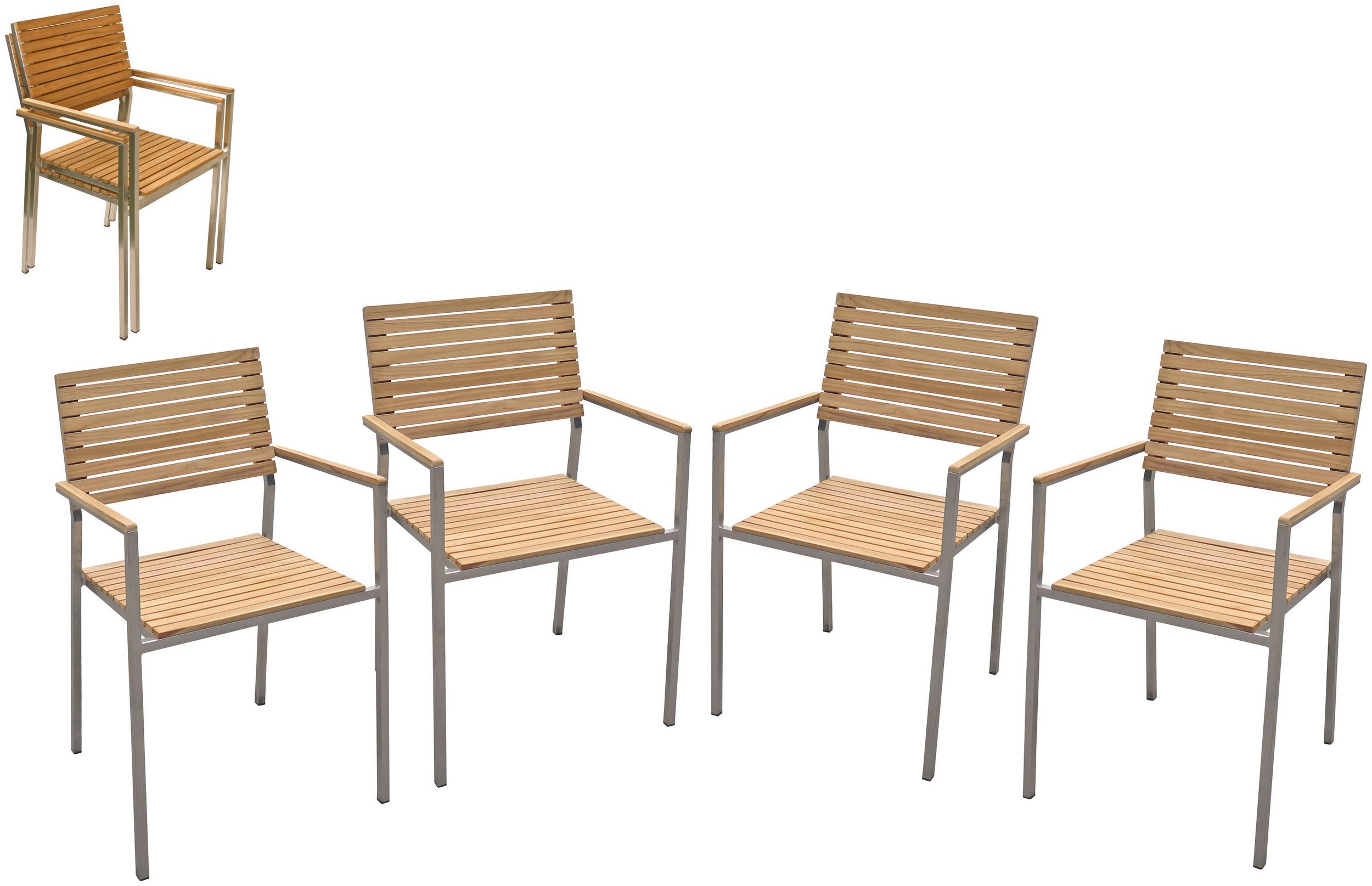 Stapelstuhl Teak 4er Set Edelstahl FSC, geölt, Garten, Terrasse, Balkon