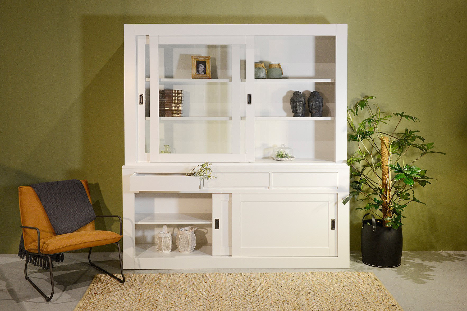 Vitrinen Schrank Living weiß 200 cm mit Schiebetüren