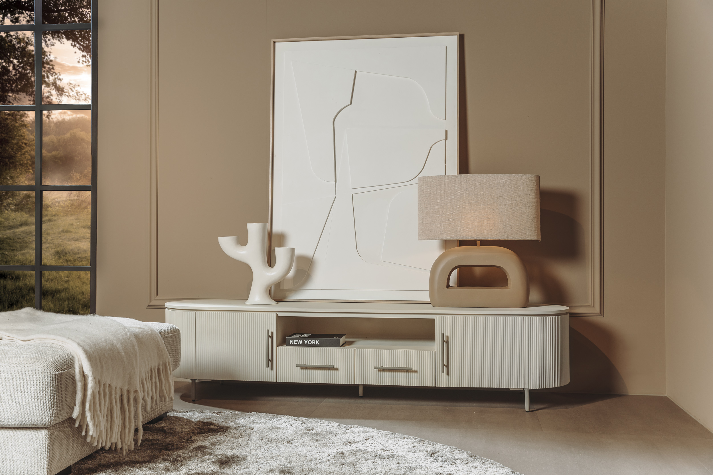 Corbetta TV-Schrank mit 2 Türen und 2 Schublade und abgerundeten Ecken-200 cm