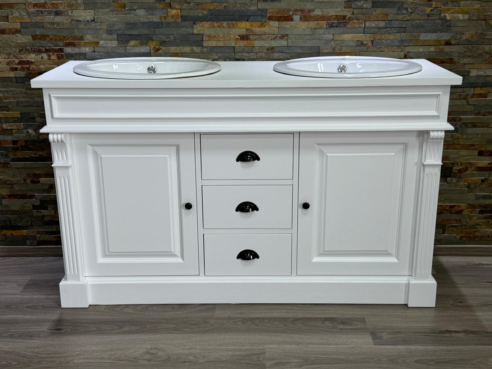 Badezimmer-Unterschrank Landhausstil 150 cm – Massivholz Kiefer, Weiß, mit 2 Waschbecken