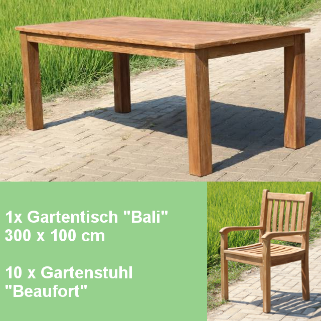 Gartenmöbel Set - Teak Tisch Bali 300cm und 10 Stühle Beaufort Teakmöbel massiv Outdoor