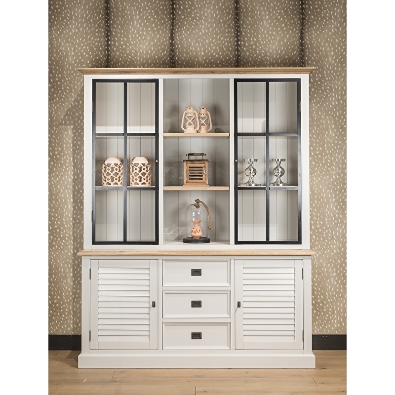 Geschirrschrank Landhaus weiß/eiche - Vitrinen Schrank mit Metallüren