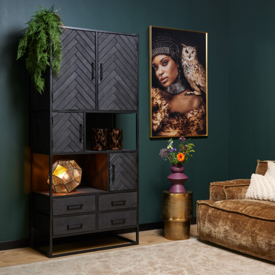 Design-Schrank New York – Mangoholz schwarz, Fischgrätenmuster, 4 Türen & 4 Schubladen, 200 cm