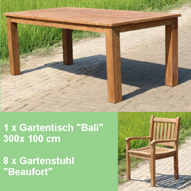 Gartenmöbel Set - Teak Tisch Bali 300cm und 8 x Stuhl Beaufort Teakmöbel Outdoor massiv