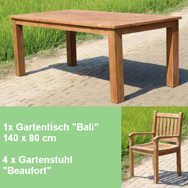 Gartenmöbel Set - Tisch Bali 140cm und 4 Stühle Beaufort Teakmöbel Outdoor
