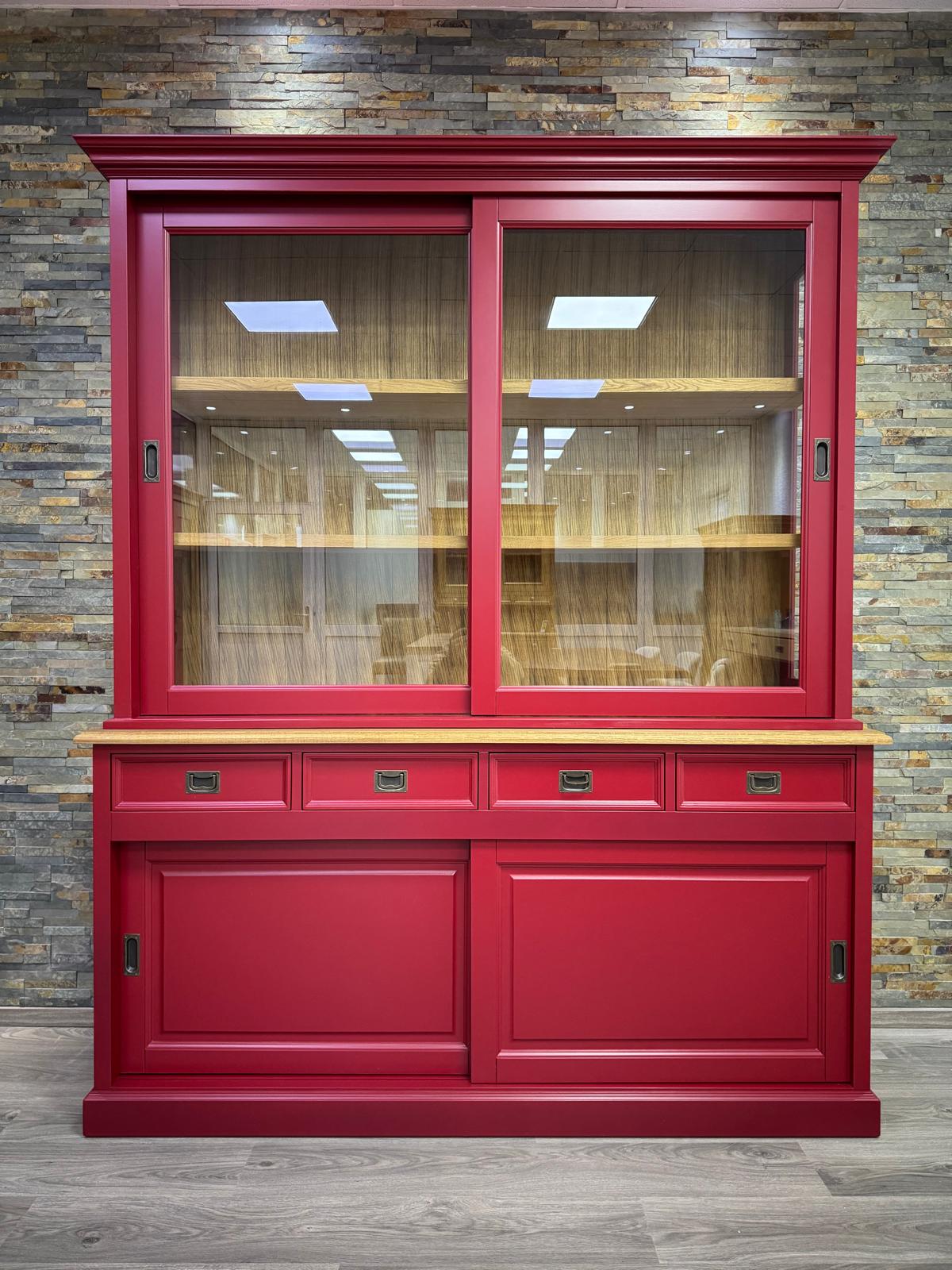 Landhaus Vitrinenschrank Neuss 180 cm Rot mit Eiche Buffetschrank