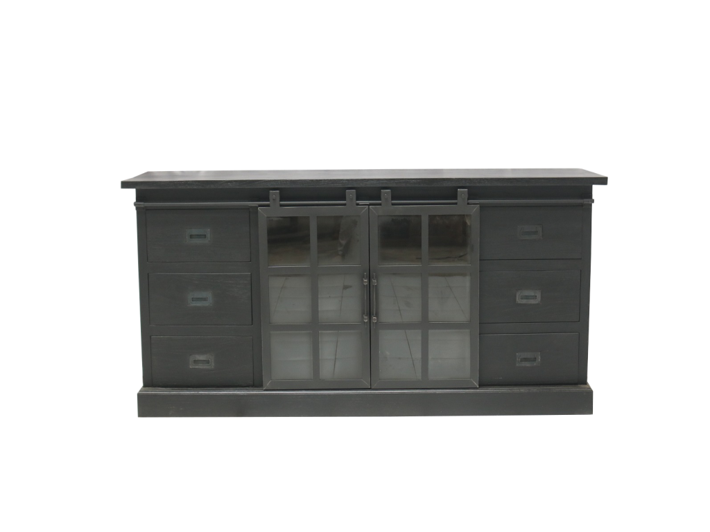 Sideboard Roda Teakholz Schwarz 200 Massive Teak Kommode mit Schiebetüren