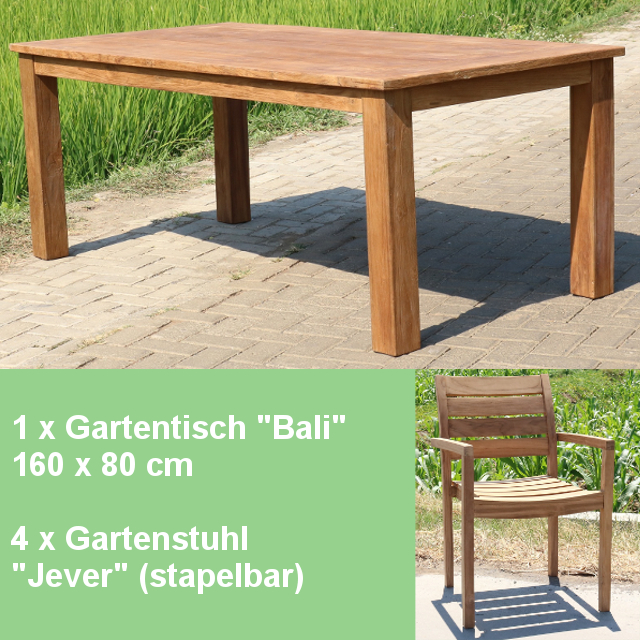 Gartenmöbel Set - Teak Gartentisch 160cm und 4 Stühle Jever Teakmöbel Outdoor