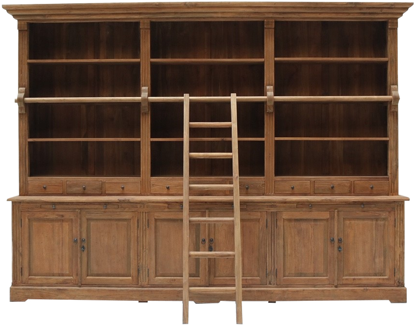 Bücherwand Heine Teak 300 cm Massivholz Regal mit Leiter  Bibliothek Bücherschrank