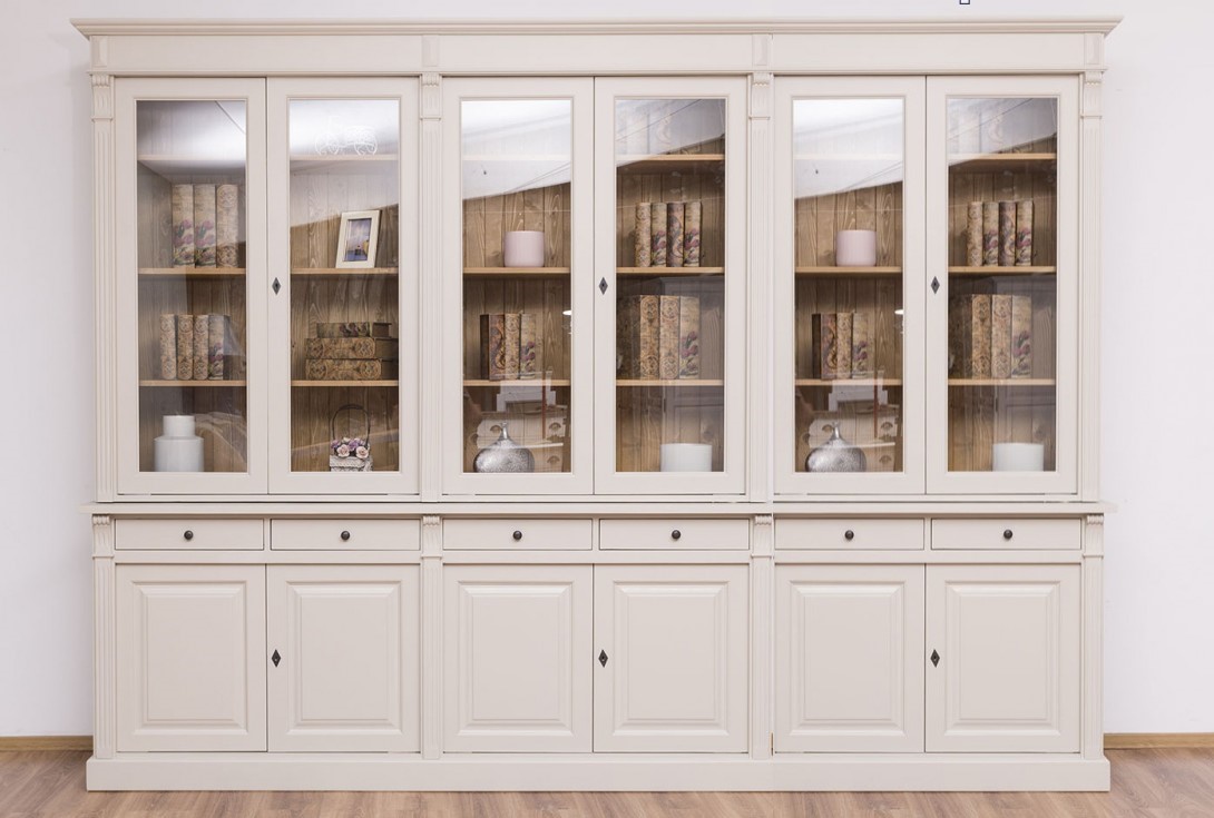 Französischer Landhausstil Glasvitrine H/B/T 230/300/51 cm, mehrteilig, Massivholz