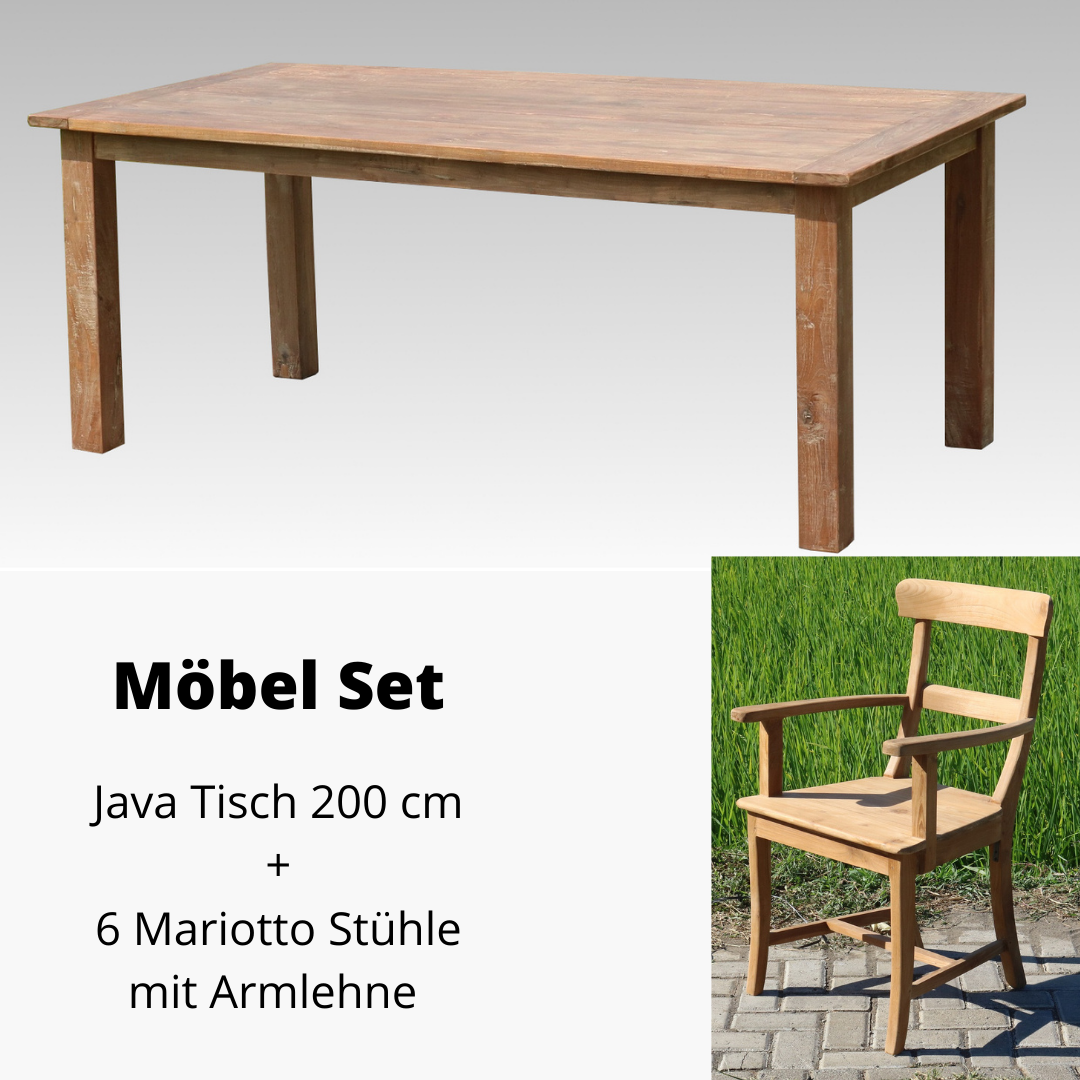 7-teiliges Teakholz Möbel Set  Java Tisch 200 cm und 6 Mariotto Stühle mit Armlehne