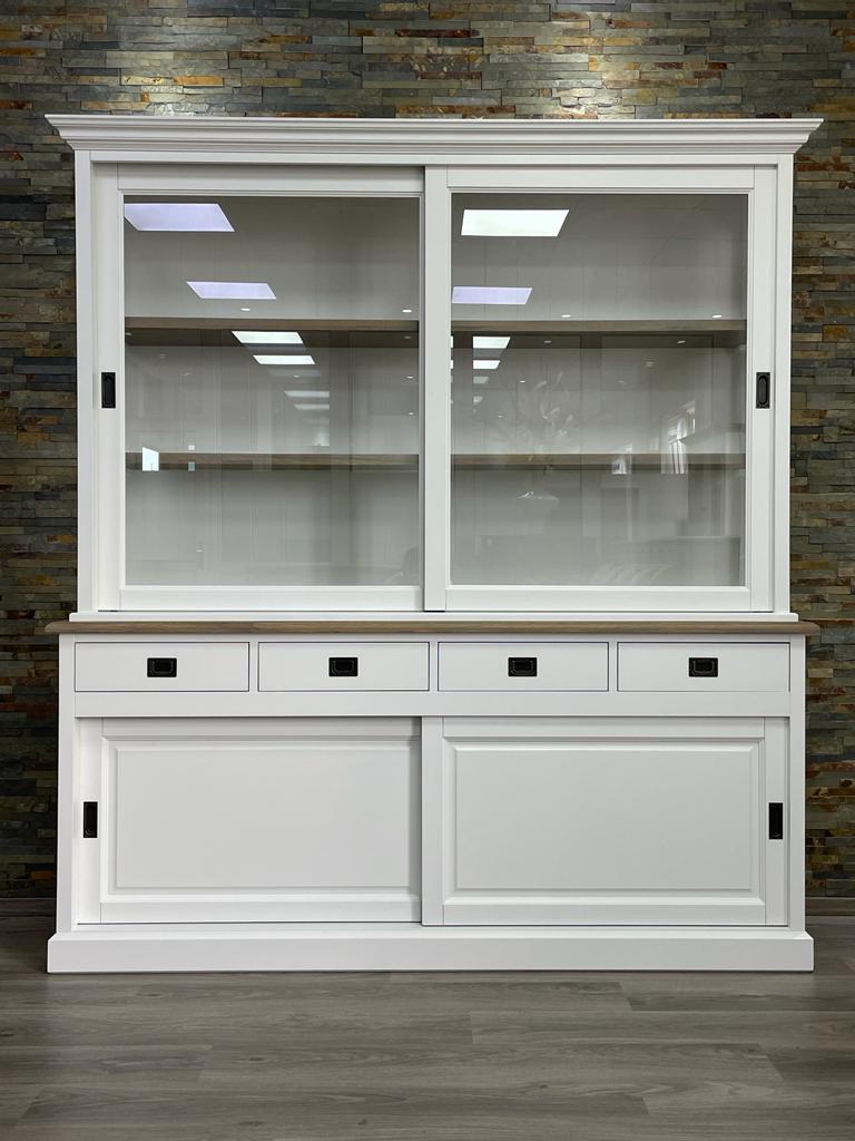 Vitrinenschrank Neuss 200 cm weiß mit Eiche – Landhaus Buffetschrank