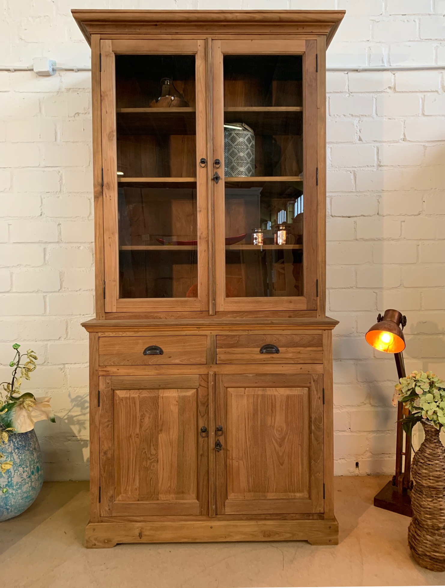 Vitrinen Schrank Brescia Teak 120cm - Geschirrschrank Teak Massivholz